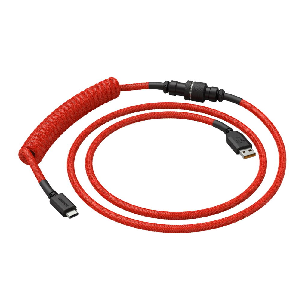 The Glorious Coiled Cable with USB-C and USB-A interfaces, in Crimson Red.