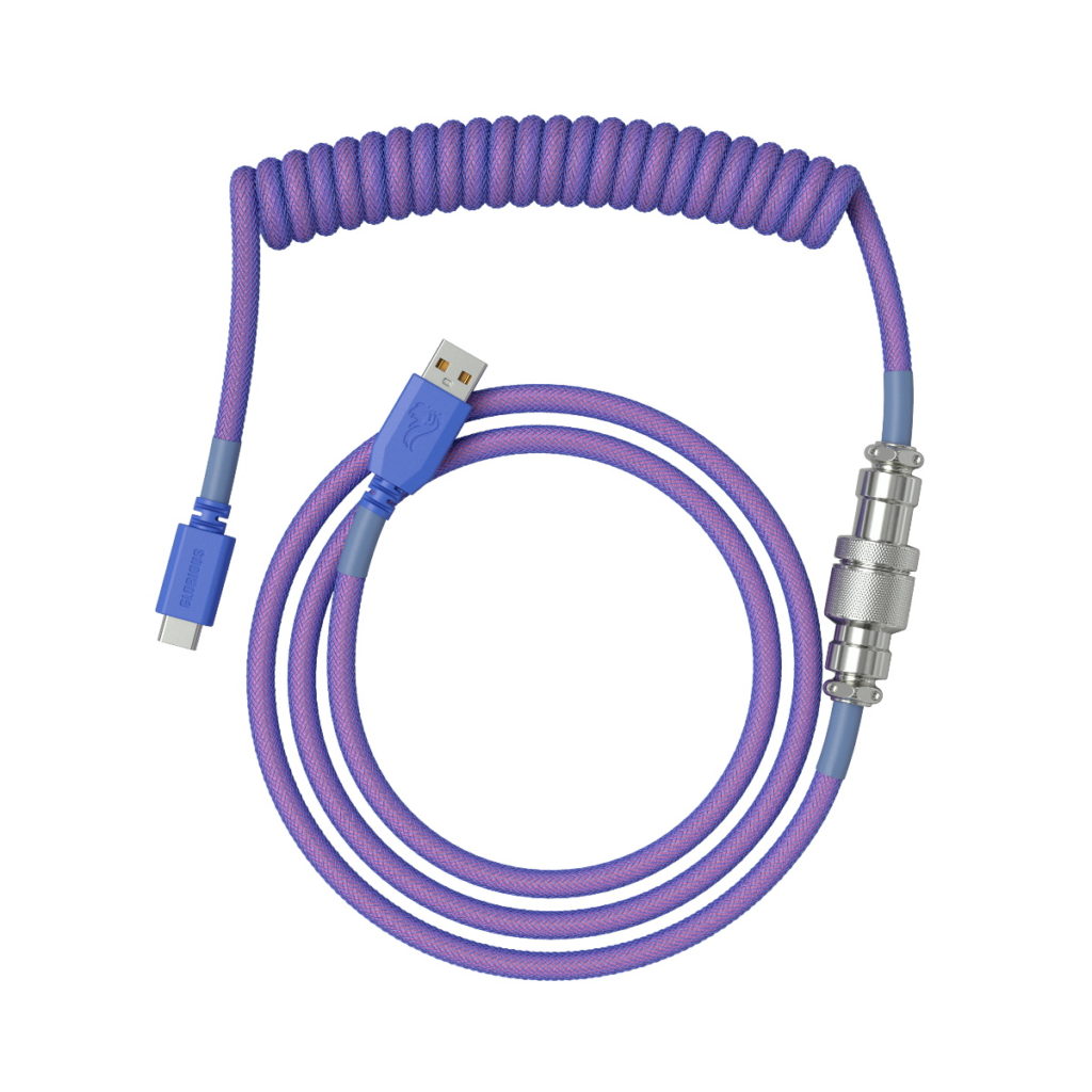 The Glorious Coiled Cable with USB-C and USB-A interfaces, in Nebula.