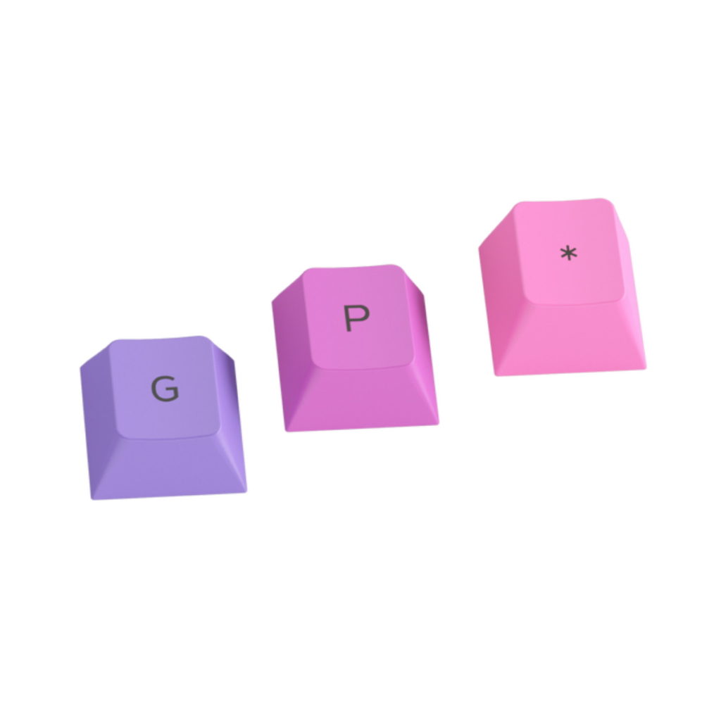 Glorious GPBT keycaps. A sample of the Nebula colour scheme, in pink and purple.