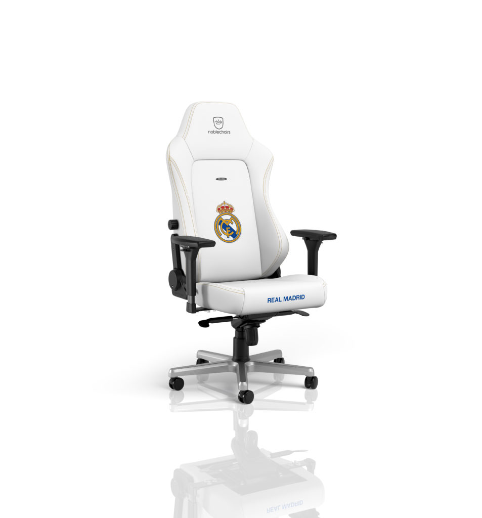 noblechairs HERO Real Madrid Edition gaming chair in white with Real Madrid club crest.