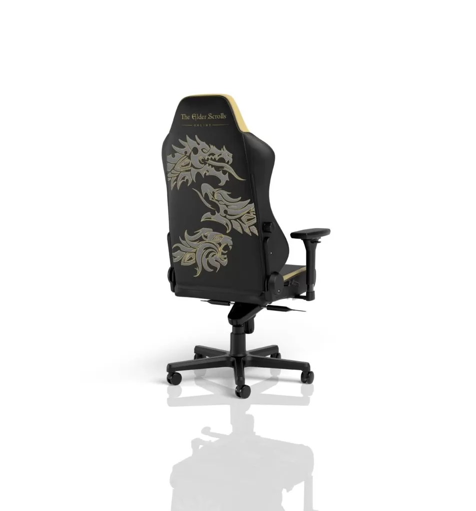 Back view of the noblechairs ESO chair, showing an embroidered dragon, lion, and eagle.