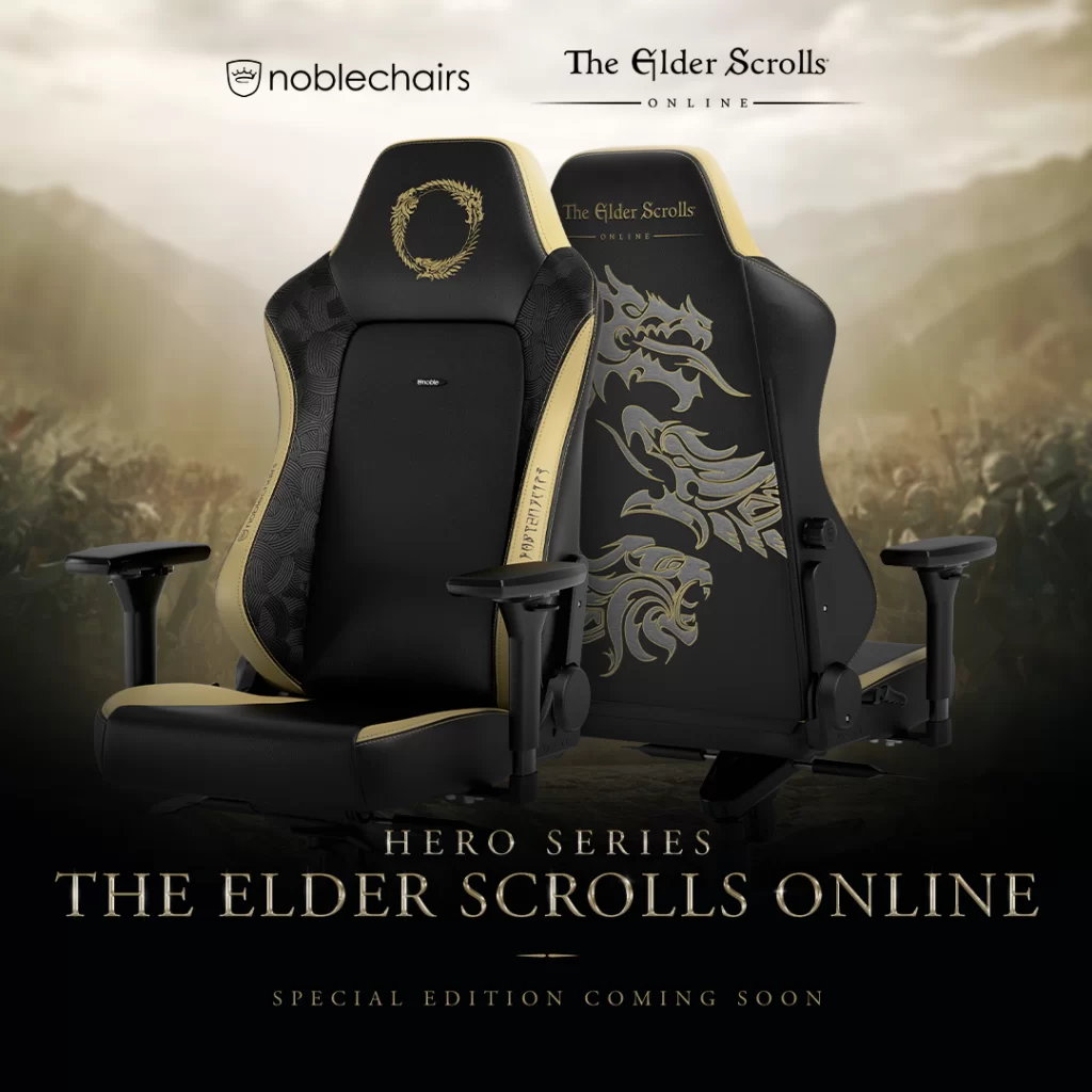 A vertical banner for the noblechairs HERO Gaming Chair - Elder Scrolls Online Edition.