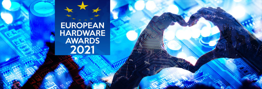 Banner for the European Hardware Awards 2021, featuring circuitry and hands making a heart shape. 