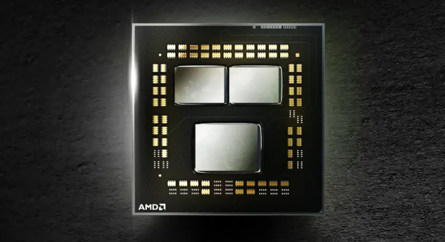 AMD CPU on a textured grey and black background.