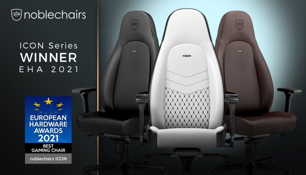 Banner featuring three different noblechairs ICON gaming chairs and the award for Best Gaming Chair from EHA.