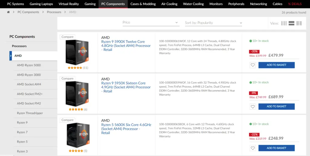 Screen grab from the AMD CPU category page on Overclockers UK.