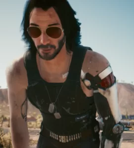 Screen grab from Cyberpunk 2077 showing the character modelled on Keanu Reeves.