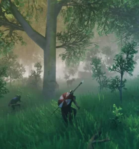Screen grab of Valheim gameplay of players approaching a deer.