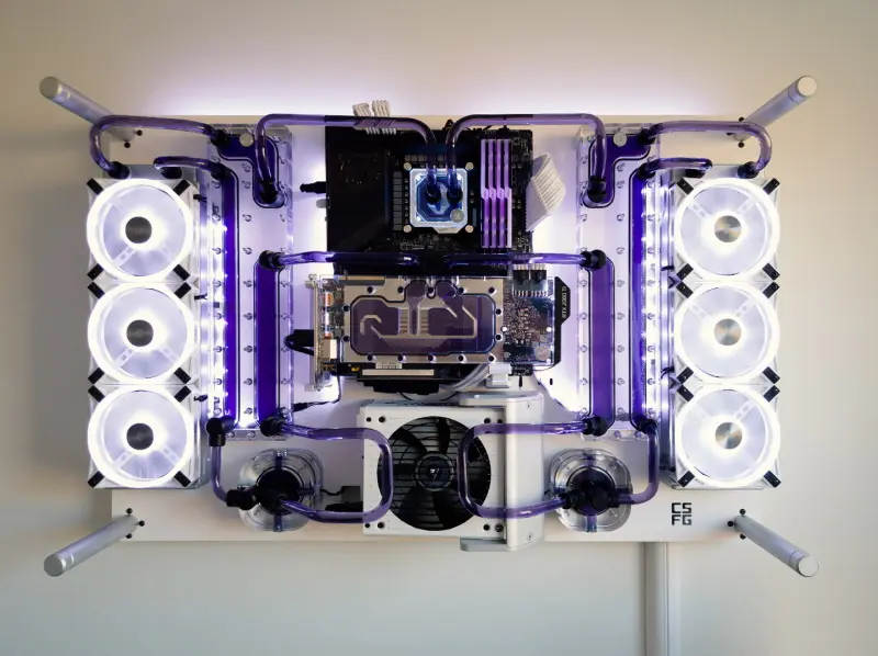 A complete gaming PC build in a wall-mounted The Crow