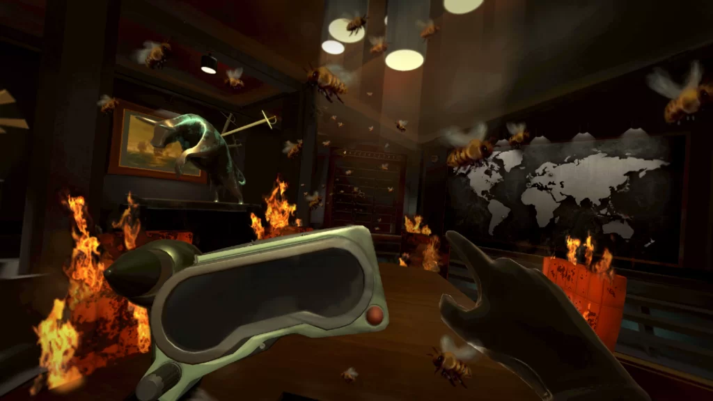 Screenshot from VR game I expect you to die provided by Schell Games showing bees and fire in a dimly lit board room