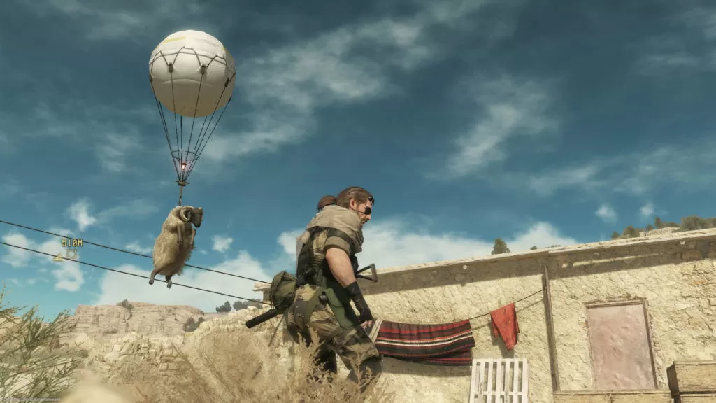 Metal Gear Solid V: The Phantom Pain screenshot of sheep being lifted by Fulton surface-to-air recovery system