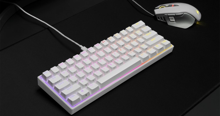 Corsair K65 RGB Mini USB Mechanical Keyboard paired with a white Corsair mouse