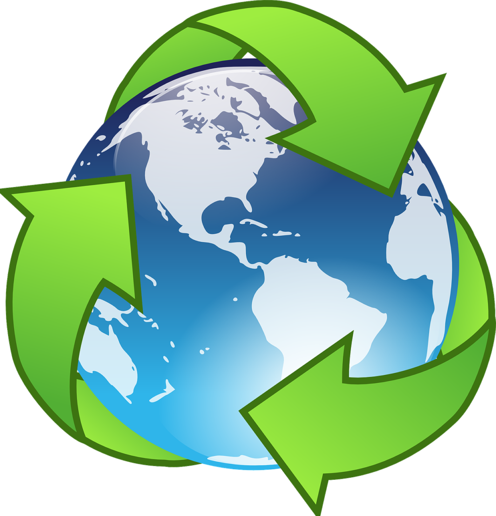 recycle graphic over a graphic of the world
