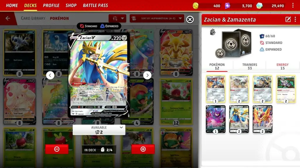 pokemon tcg live deck selection and card collection