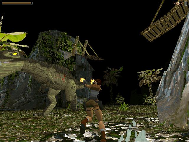 tomb raider lara croft shooting dinosaur