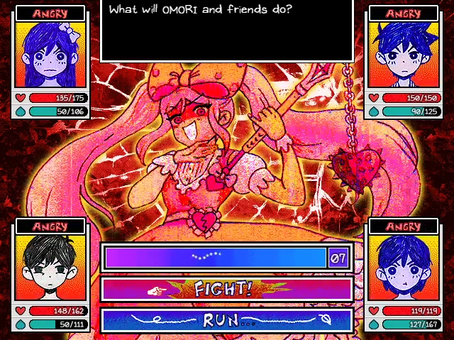 Omori headspace battle against happy Sweetheart and angry Omori , Basil , Kel and Aubrey 