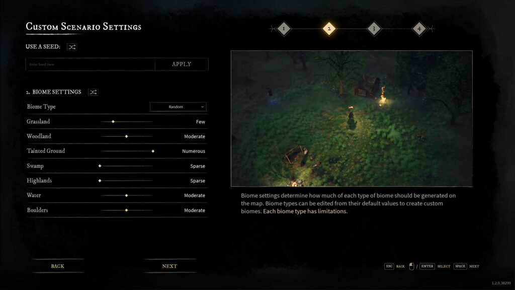 Options screen for custom scenario